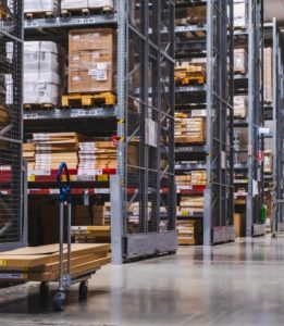 A cart in warehouse aisle in an IKEA store